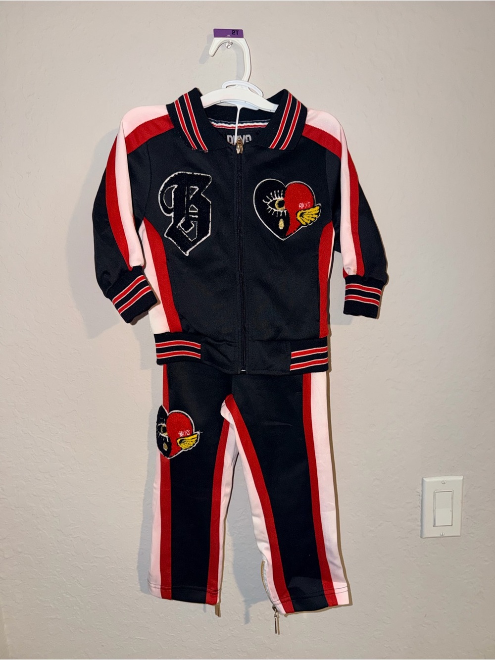 BKYS Boys 2T 2-Piece Tracksuit Jacket & Pants Black Red White NWT